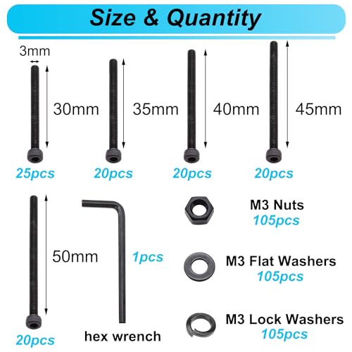 420PCS Black M3 Hex Socket Head Cap Screws, M3 x 30/35/40/45/50mm Metric Screws Bolts Nuts Washers Assortment Kit, 12.9 Grade Alloy Steel - color: Black