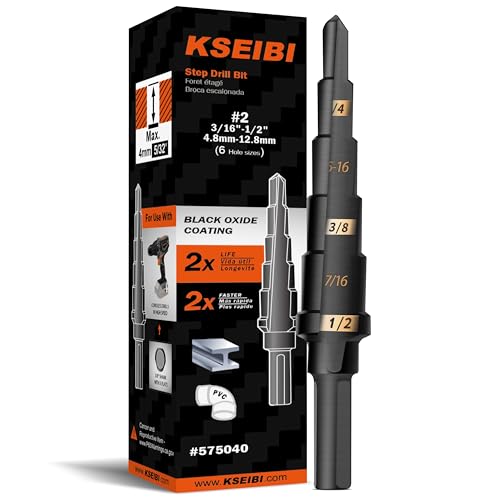 KSEIBI #2 HSS Step Drill Bit Set 3/16-1/2" with 3/8 Shank - Black Oxide Finish for Metal, Wood, Plastic Drilling - Durable, Precision Multi-Sized Bits with 3-Flat Shank 575040 - size: #2 (3/16-1/2 inch)