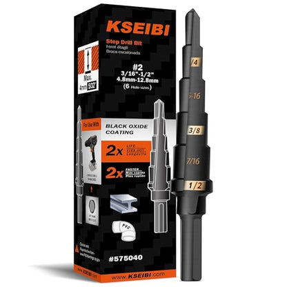 KSEIBI #2 HSS Step Drill Bit Set 3/16-1/2" with 3/8 Shank - Black Oxide Finish for Metal, Wood, Plastic Drilling - Durable, Precision Multi-Sized Bits with 3-Flat Shank 575040 - size: #2 (3/16-1/2 inch)