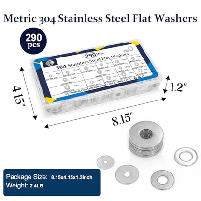 ZQZ 290Pcs Stainless Steel Flat Washers Assortment Kit;Fender Washer M3-M12 - size: 15 Sizes 290 Pieces