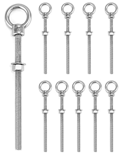 QWORK 3/8"x6" Stainless Steel Shoulder Eye Bolts – 10 Pack Machine Thread Set with Nuts for Metal Frame, Rigging & Cable Mounting - color: 10 Pack, size: 3/8" x 6"