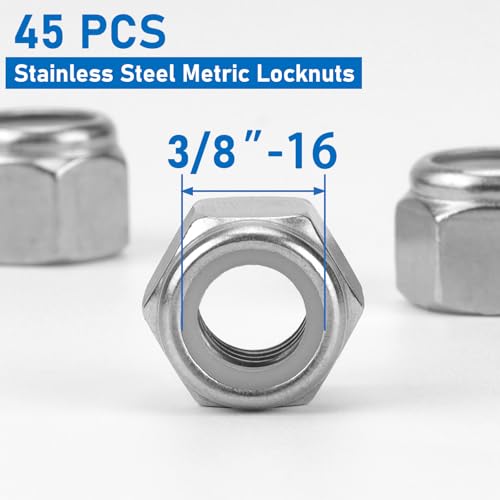 45 Pack 304 A2-70 3/8"-16 Nylon Lock Nuts - color: Silver, size: 3/8"-16