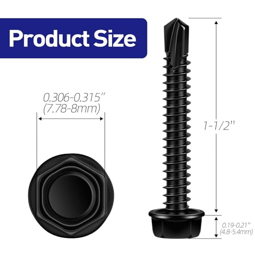 #12 x 1-1/2" Hex Washer Head Self Tapping Screws, TEK Screws, Self Drilling, Stainless Steel 410 Sheet Metal Screws, Black Finish, 50 PCS - color: Black, size: #12 x 1-1/2"