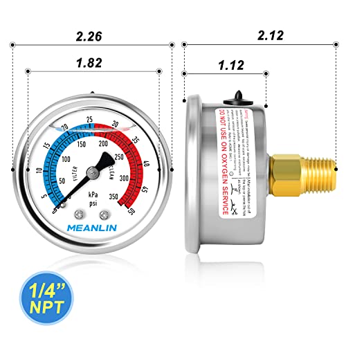 MEANLIN MEASURE 1/4" NPT 0-50psi Pressure Gauge, 2" Dial Glycerine Filled Pool Filter, 304 Stainless Steel Housing, Back Mount, with 1/2" NPT and 3/8" NPT Hex Bushing - size: 0-50Psi/0-350Kpa, style: Center Back Mount