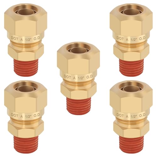 5PCS Brass DOT 1/2"Tube x 1/4"NPT Compression Union Nylon Tubing - size: 1/2" OD x 1/4" NPT, style: Straight Male NPT Thread-5PCS