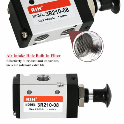 RIH 3 Way 2 Postion Air Valve Air Hand Lever Operated Valve Pneumatic Solenoid Valve Manual Control Push Pull Valves 3R210-08 (1/4"NPT) - style: 3 Way 2 Postion