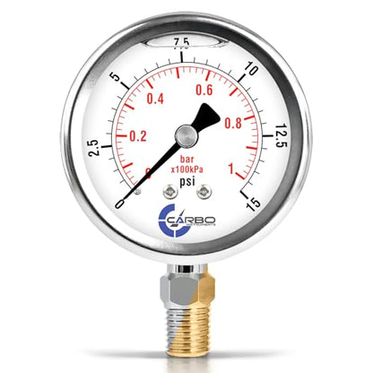Carbo 15 PSI Liquid Filled Pressure Gauge with NIST Traceable Certificate, Calibrated in USA Lab, 2.5" Dial, 1/4 NPT Lower Mount, ASME Grade A, 304 SS Case, Brass Wetted Parts, PSI/Bar - size: 0-15 Psi, style: NIST TRACEABLE