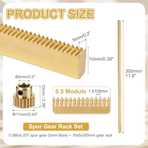 uxcell Brass Spur Gear and Gear Rack 0.5M 20T 10x5x300mm Rack Spur 5mm Bore - size: Gear Bore 5mm, (0.5M-20T)