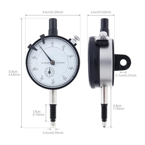Metric Dial Indicator, 0-10 mm by 0.01 mm Precision Test Gauge, Dial Test Measuring Instrument with Waterproof Cover, Industrial Tool, Lug Back, White Dial