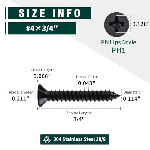 #4 x 3/4" Flat Head Phillips Sheet Metal Tek Screws, 304 Stainless Steel 18-8, Black Oxide Coated Finish, Corrosion Resistant Flat Head Wood Screws, 100 PCS - size: #4 x 3/4"