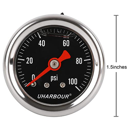 UHARBOUR Glycerin Pressure Gauge 0-100Psi, 1-1/2" Black Dial - size: 0-100PSI, style: Back Mount（black dial）