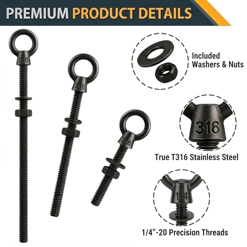 5 Pack Long Black Eye Bolts 1/4" x 4 Inch with Nuts & Washers, Heavy Duty T316 Stainless Steel Threaded Shoulder Eye Bolt, Marine Grade Rustproof Eyebolts for Metal & Thick Wood - size: 1/4'' x 4inch