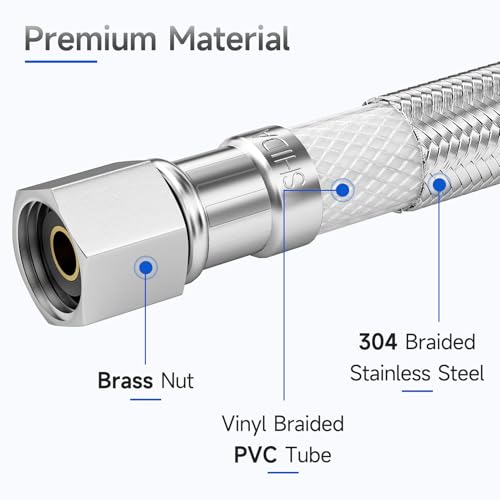 18 FT Refrigerator Water Line, 1/4" Compression Stainless Steel Braided Ice Maker Hose, Fridge Water Line for Refrigerator, Ice Maker Water Hose - size: 18 Feet