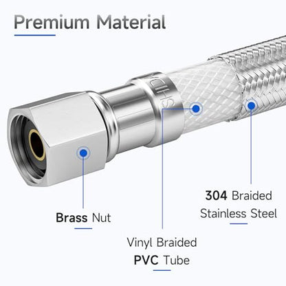18 FT Refrigerator Water Line, 1/4" Compression Stainless Steel Braided Ice Maker Hose, Fridge Water Line for Refrigerator, Ice Maker Water Hose - size: 18 Feet