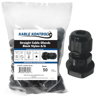 Kable Kontrol Nylon Cable Glands 3/8” Straight Gland 18 NPT 50 Pcs Cord Grips, Strain Relief, Waterproof Joint Wire Protectors for Industrial Use, Flame Retardant, RoHS Compliant - size: 0.38" - 18 NPT - 50 Pcs