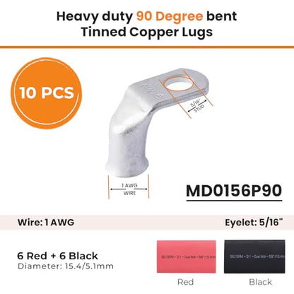 SELTERM 10pcs, 1 AWG 5/16" Stud Marine Grade, 90° Bent Tinned Copper Lugs - color: 90° Bent Lugs, size: 1 Awg - 5/16" (M8) Ring