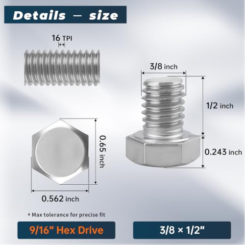 8 Sets Glvaner 3/8-16 x 1/2" Stainless Steel Hex Head Screws Bolts, Nuts, Flat & Lock Washers, 18-8 (304) Stainless Steel, Full Thread, Coarse Thread - size: 3/8-16 x 1/2"