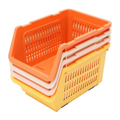4 Pcs Open Front Stackable Storage Bins, PP Stacking Organizer Baskets with Rolling Wheels, Telescopic Buckles, Nestable, 38.58lbs Load (Ocean Mix) - color: Ocean Mix