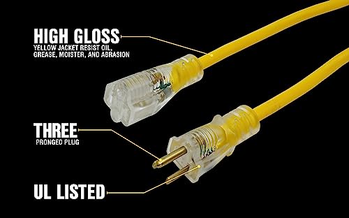 Yellow Jacket Heavy Duty Extension Cord, 25Ft, 12 Gauge, 3 Conductor, Lighted End, Weather Resistant, SJTW, Yellow, 2883 (Pack of 4) - size: 25 ft (Pack of 4)