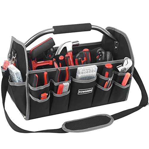 Kowsinde 16 Inch Tool Bag, Electrician Tool Bag, Open Top Tool Bags, 26 Pockets Can Hold Many Tools, Steel Handle and Removable Shoulder Strap - color: Grey