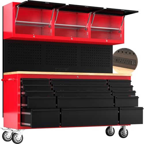 LARBANKE 72" Rolling Tool Chest with 15 Drawers, 1.2" Thick Solid Wood Top - color: Red, size: 15 drawer tool chest and 3 upper cabinet
