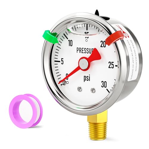 0-30psi Stainless Steel Glycerin Liquid Filled Pressure Gauge1/8 NPT 1.5" Dial, Lower Mount for Pressure Testing of Water, Oil and Air (with Range Mark Pointer) - size: 0-30Psi