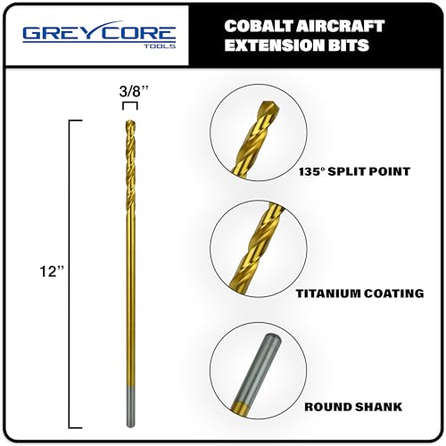 Greycore Tools 3/8 Inch x 12 Inch Cobalt Aircraft Extension Bit – M35 Cobalt Drill Bit, Industrial Titanium Coating – Drill Bits for Steel, Hard Metal, Cast Iron, Wood, Plastic (3/8" x 12") - size: 3/8" x 12", style: 12" Length
