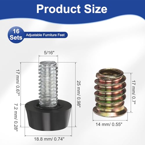 uxcell 16set 5/16" Thread Furniture Feet Levelers 17mm l Furniture Feet - size: 5/16"