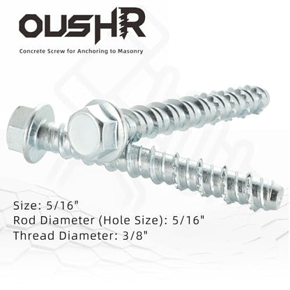 5/16" x 2" Concrete Screws, Zinc Plated Large Diameter Concrete Screw for Anchoring to Masonry, Concrete, Brick or Block, 25 PCS (Including One Socket Wrench) - size: 5/16" x 2"