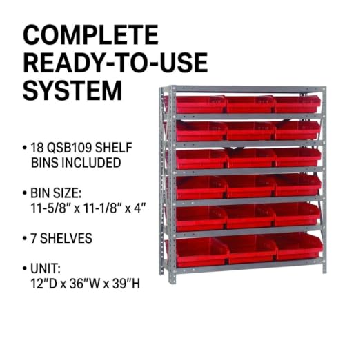 Quantum Storage Systems 1239-109RD Steel Shelving Unit with 4" Shelf Bins, 12" D x 36" W x 39" H, Red - size: 39" H x 36" W x 12" D, style: 12" L x 12" W x 4" H 18 Economy Red Bins