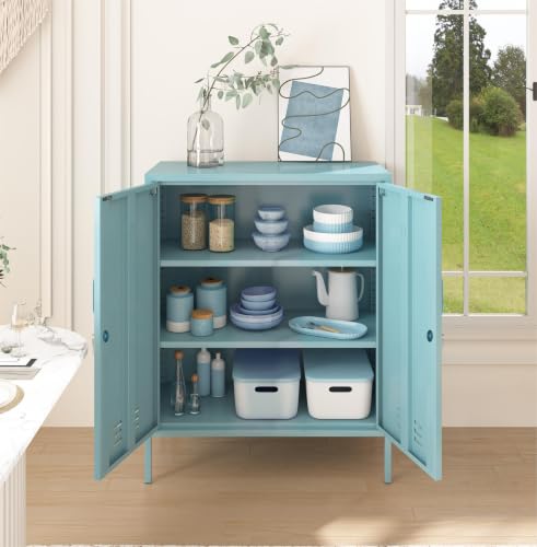 Blue 2-Door Lockable Metal Storage Cabinet, Heavy Duty 3-Tier Tall Locker with Removable Shelves, Multifunctional Accent Cabinet for Home, Office, Entryway & Hallway, Easy Assembly - color: Ocean