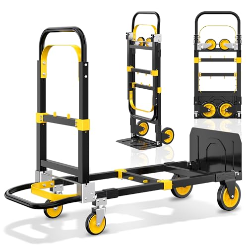 3 in 1 Convertible Hand Truck Dolly, 600Lbs Heavy Duty Folding Hand Truck Dolly Cart with Wheels, Adjustable Handle Angle & Expandable Base for Moving Home, Shopping, Office, Warehouse, Yellow - color: Yellow