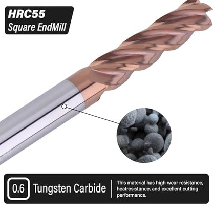 1/4" Carbide Square End Mills Set 4 Flute HRC55 TISIN Coating 3PCS - size: 1/4 in