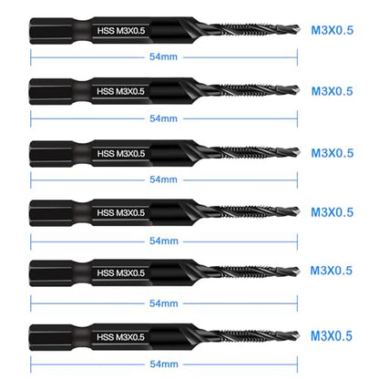 DKIBBITH 6 Packs M3 Combination Drill & Taps Bit Set, Screw Tapping Threading Tools in Size M3*0.5 with Anti-Rust Black Coating, 1/4" Hex Shank and Storage Case - size: M3x0.5