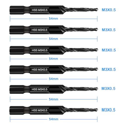 DKIBBITH 6 Packs M3 Combination Drill & Taps Bit Set, Screw Tapping Threading Tools in Size M3*0.5 with Anti-Rust Black Coating, 1/4" Hex Shank and Storage Case - size: M3x0.5
