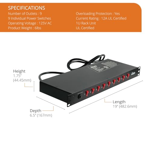 Tecmojo 9-Outlet Rack Mount Overloading Protection Circuit Breaker PDU, with Individual Switch 6ft Cord for IT and Network Racks and Cabinets(SKU# 13110901) - size: 9 Outlets/12A/Overloading Protection