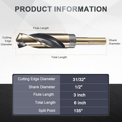 uxcell 31/32" Drill Bit 1/2" Reduced Shank 3-Flat M35 5% Cobalt HSS - size: 31/32" with 1/2" Shank
