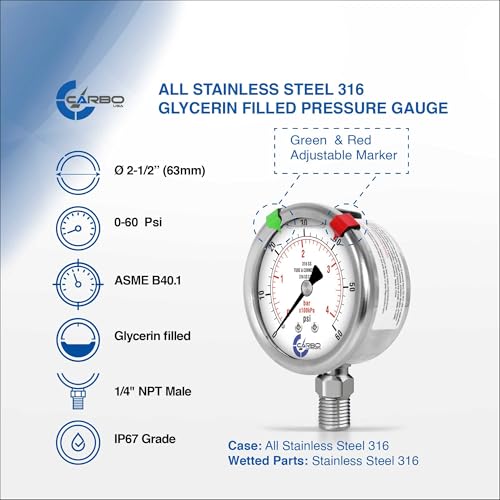 Carbo 60 PSI Liquid Filled Pressure Gauge with NIST Traceable Certificate, Calibrated in USA Lab, 2.5" Dial, 1/4 NPT Lower Mount, ASME Grade A, 316 SS Case, 316 SS Wetted Parts, PSI/Bar - size: 0-60 PSI, style: NIST TRACEABLE