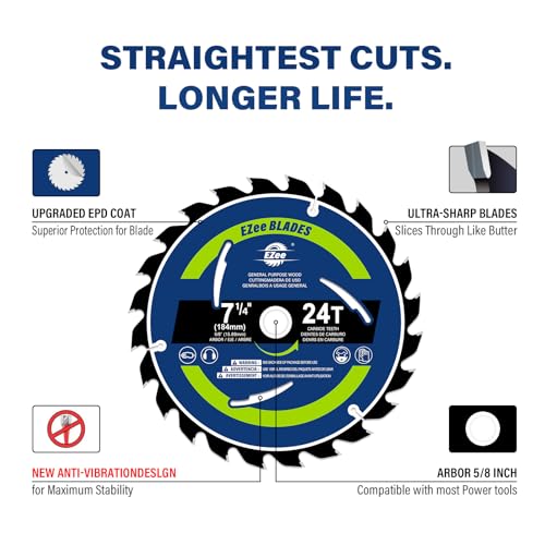 EZee 5-Pack 7-1/4 Inch Circular Saw Blade 24T with 5/8 Inch Arbor,ATBR TCT Carbide-Tipped,0.06 Inch Super Thin Kerf Saw Blade for Various Wood Cutting, Framing,Plywood, MDF, OSB,Max RPM 8300 - size: 7-1/4" 24T (5-pack)