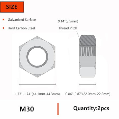 M30 2pcs Hex Nuts,M30 Galvanized Metric Hardware Nuts Sets - size: M30