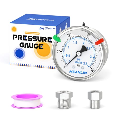 MEANLIN MEASURE 0~50Psi Stainless Steel Liquid Filled Pressure Gauge 2.5" FACE DIAL 1/4" NPT for Pool Sand Filter Water Oil Air Pressure Test Back Mount with Stainless Steel Hex Bushing and Snaps - size: 0-50Psi, style: Back Mount