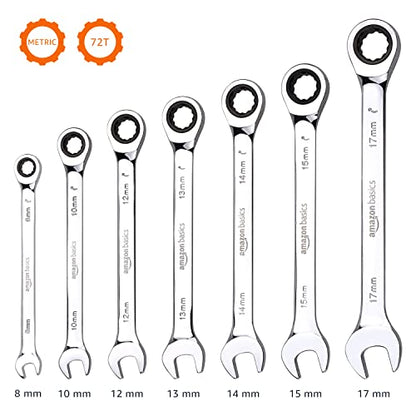 Amazon Basics Metric Ratcheting Combination Wrench Set, 7-Piece, Chrome Vanadium Steel, 72-Tooth, 8mm, 10mm, 12mm, 13mm, 14mm, 15mm, 17mm - color: Chrome, size: 7 Piece