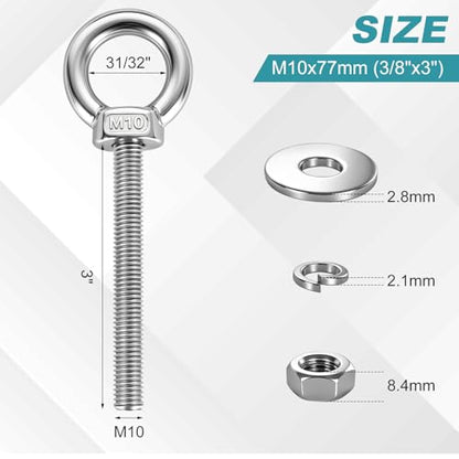 304 Stainless Steel Eye Bolt, M10x77mm (3/8"x3") Heavy Duty Eye Bolts with Nuts Washers, 2 Pack Lifting Ring Eye Bolt for Hanging String Lights Outdoor Tie Down - size: M10x77mm(3/8"x3")