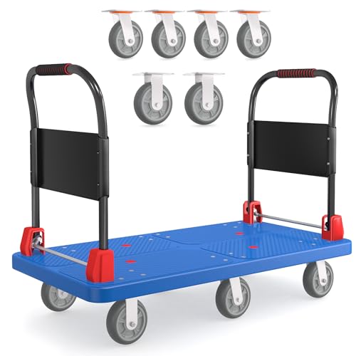 2200 lb Heavy Duty Platform Truck with Dual Handrails & 6 Rubber Wheels - color: Blue-50" Lx27 W