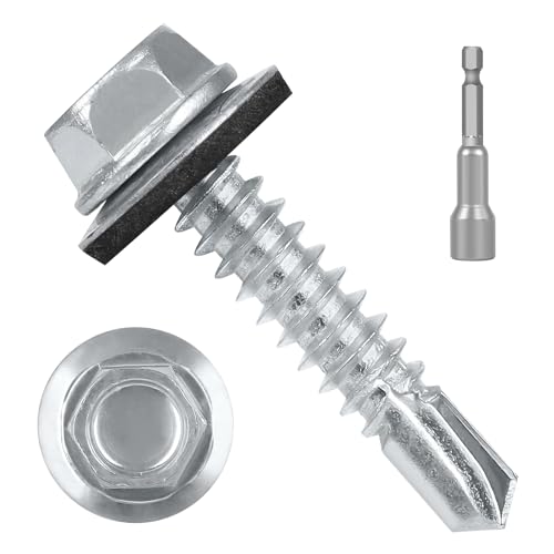 #10 x 1 (200 PCS) Metal Roofing Screws with Rubber Washer, Hex Head Self Tapping Screws for Metal, Self Drilling Sheet Metal Screw, Hex Bit Socket Included - size: #10 x 1"