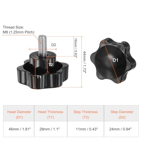 HARFINGTON 2pcs Star Knobs M8 x 16mm 304 Stainless Steel Threaded Stud 46mm Plastic 6-Star Head Hand Tightening Thumb Screw Clamping Jig Knob Handle, Black - size: M8 x 16mm x 46mm