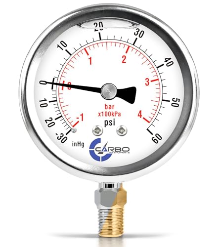 Carbo Liquid Filled Compound Pressure Gauge -30 inHg to 60 PSI with NIST Traceable Certificate, Calibrated in USA Lab, 4" Dial, 1/4 NPT Lower Mount, ASME Grade A, 304 SS Case, Brass Parts, inHg/Bar - size: -30inHg / 0 / +60Psi, style: NIST TRACEABLE