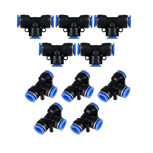 Yoebor Push to Connect Tee 10mm x 10mm x 10mm OD Air Hose T-fitting 10pcs - size: 10mm