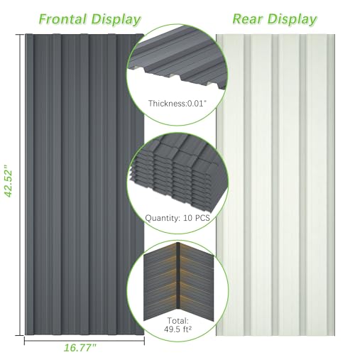 Metal Roof Panels 10 Pcs Roofing Panels Galvanized Steel with Screw Resistant,Versatile and Durable Suitable for Garages,Sheds, Stables and Mobile Homes Gray - color: Gray, size: 10 pcs/L42.52"