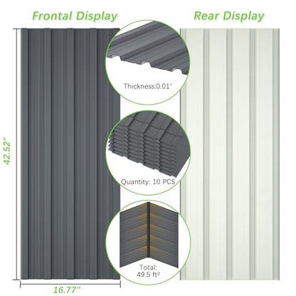 Metal Roof Panels 10 Pcs Roofing Panels Galvanized Steel with Screw Resistant,Versatile and Durable Suitable for Garages,Sheds, Stables and Mobile Homes Gray - color: Gray, size: 10 pcs/L42.52"
